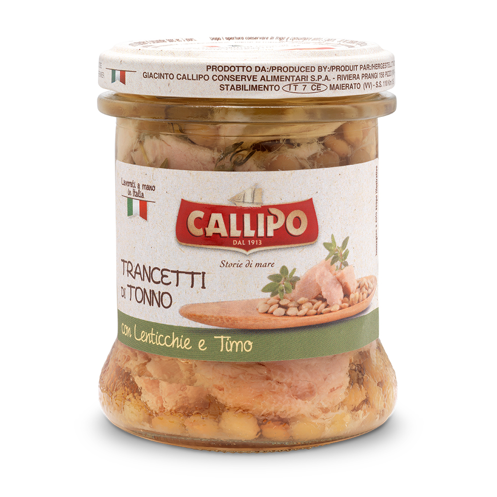 Trancetti di Tonno g.170 con Lenticchie  e Timo Fresco all'Olio di Oliva