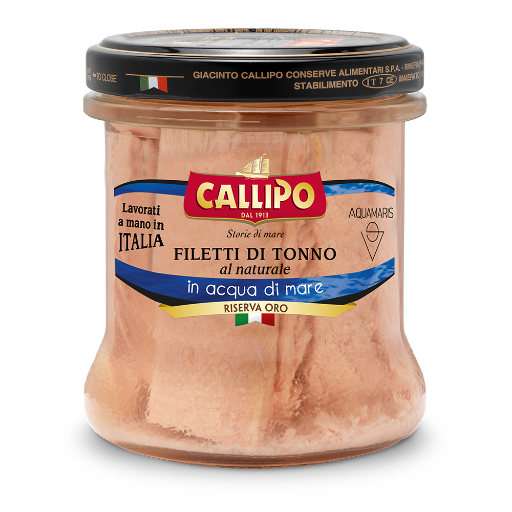 Riserva Oro Filetti Tonno G. 150 al Naturale in acqua di mare Aquamaris - Vaso Vetro