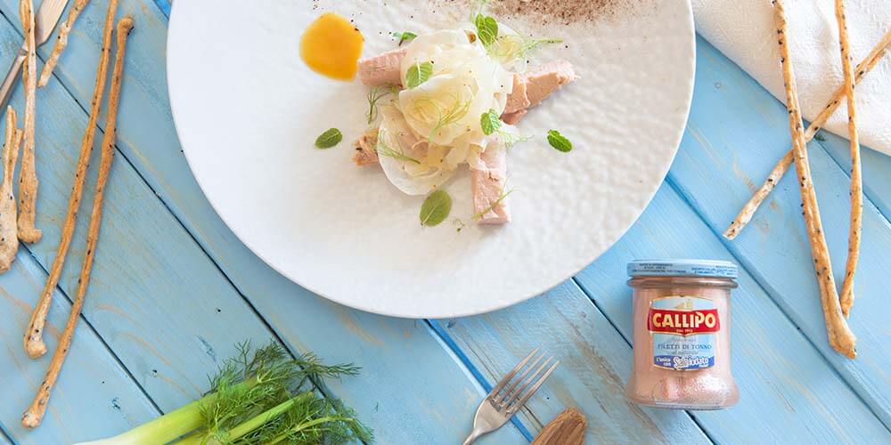 Filetti di Tonno Callipo al Naturale, finocchio e centrifuga di arancia, liquirizia e menta